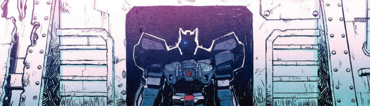 A screencap of a transformers comic panel picturing Prowl (a white, grey, and black mech with red accents and door-wings) standing in a deeply shadowed doorframe