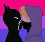 a digital drawing of the dc comics characters blackbat and spoiler kissing through their masks, the background is the bi flag (the carrd maker drew the image)