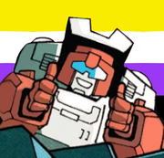an edited image of the transformers character Swerve (a small, blocky red and white mech with a blue visor) who is smiling awkardly and holding two thumbs up, the background behind him is the nonbinary flag